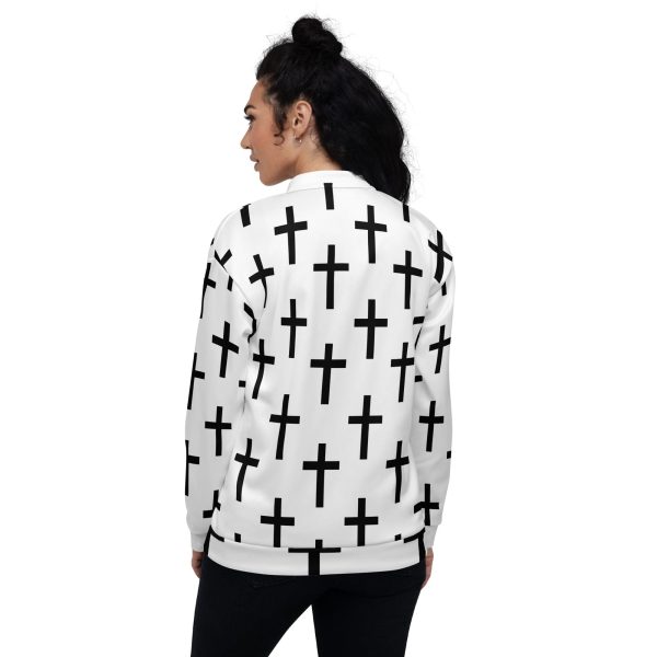 Womens Bomber Jacket - White Black Cross Print - Image 2