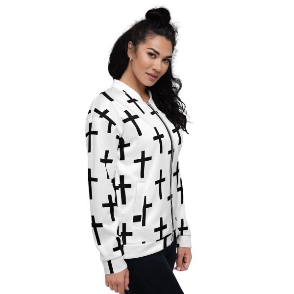 Womens Bomber Jacket - White Black Cross Print - Image 3