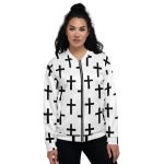 Womens Bomber Jacket - White Black Cross Print