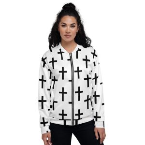 Womens Bomber Jacket - White Black Cross Print