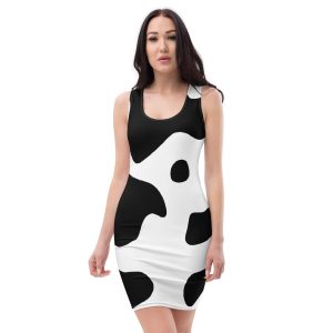 Womens Stretch Fit Bodycon Dress - Black White Cow Print