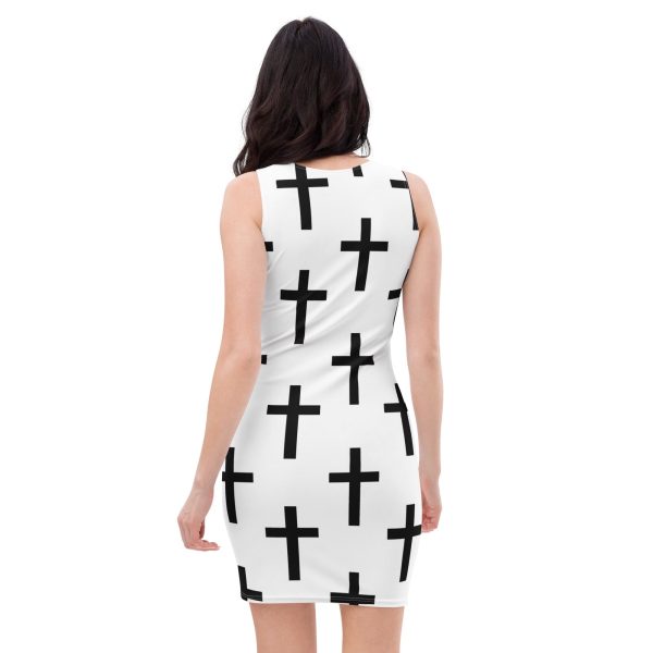 Womens Stretch Fit Bodycon Dress - White Black Cross Print - Image 2