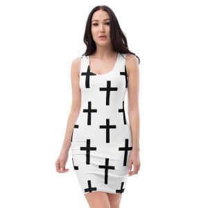 Womens Stretch Fit Bodycon Dress - White Black Cross Print