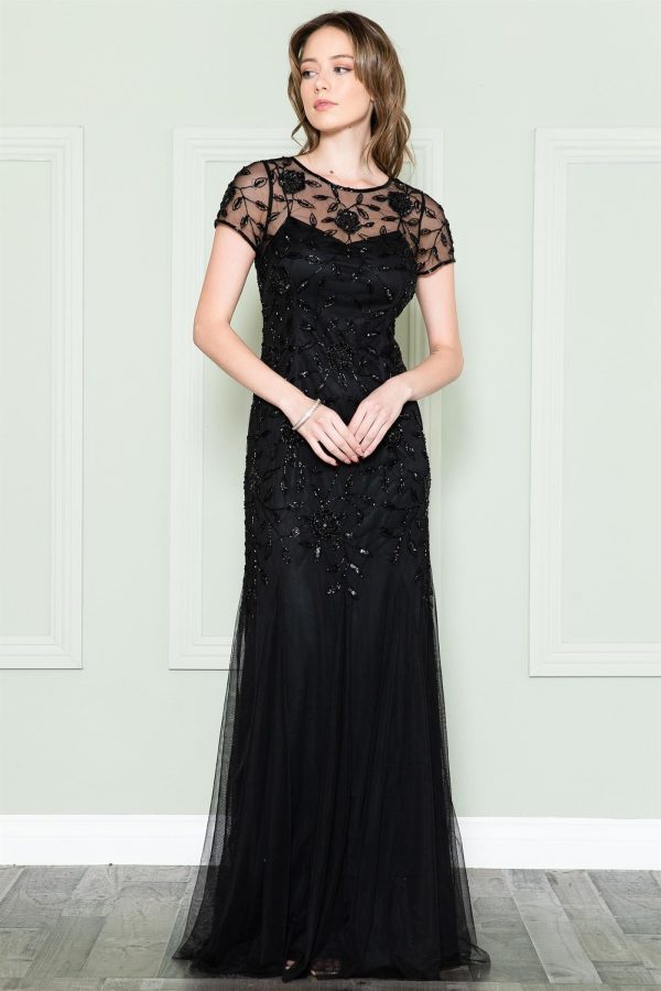 Embroidered Bodice Illusion Short Sleeves Long Mother Of The Bride Dress ACIN002 Sale