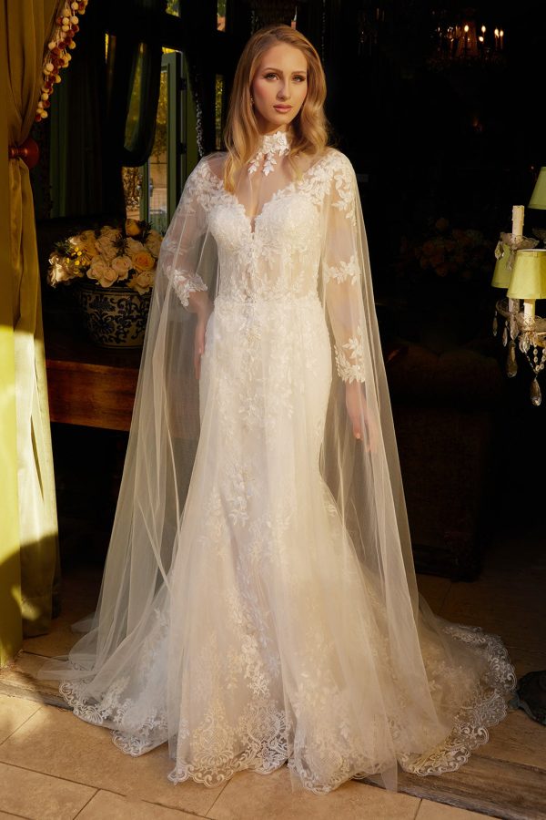 Beads accented embroidered wedding dress with mesh cape GLGL3605 - Image 2