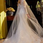 Beads accented embroidered wedding dress with mesh cape GLGL3605