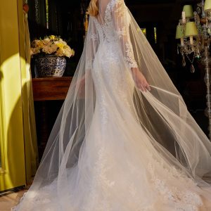 Beads accented embroidered wedding dress with mesh cape GLGL3605