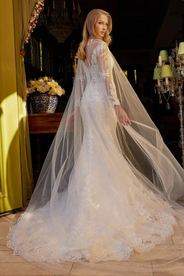 Beads accented embroidered wedding dress with mesh cape GLGL3605
