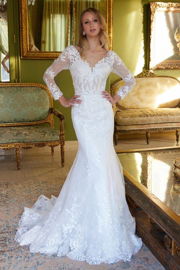 Beads accented embroidered wedding dress with mesh cape GLGL3605 - Image 3