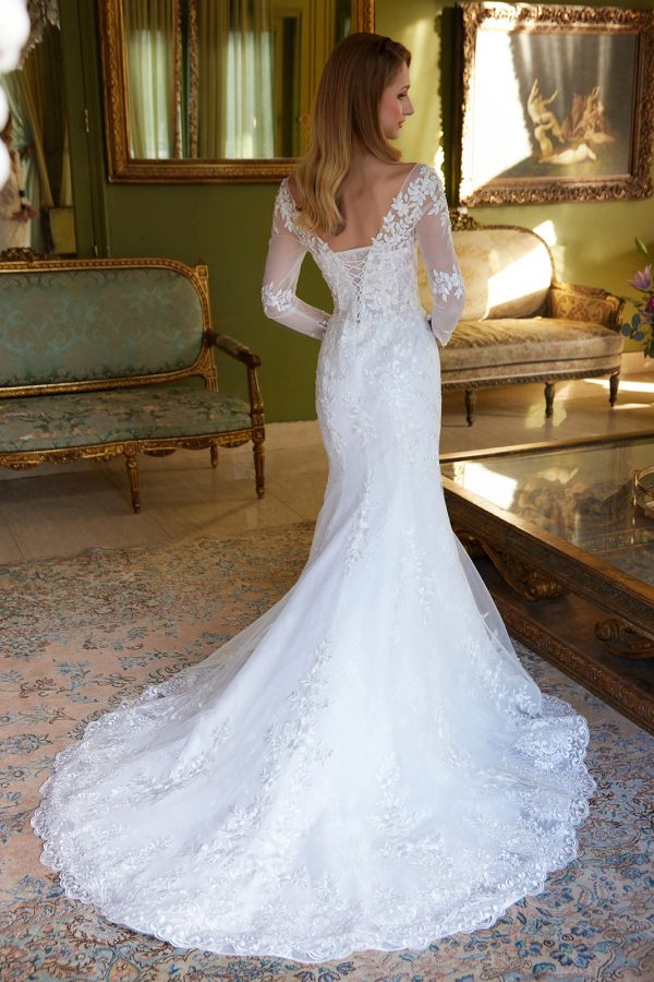 Beads accented embroidered wedding dress with mesh cape GLGL3605 - Image 4