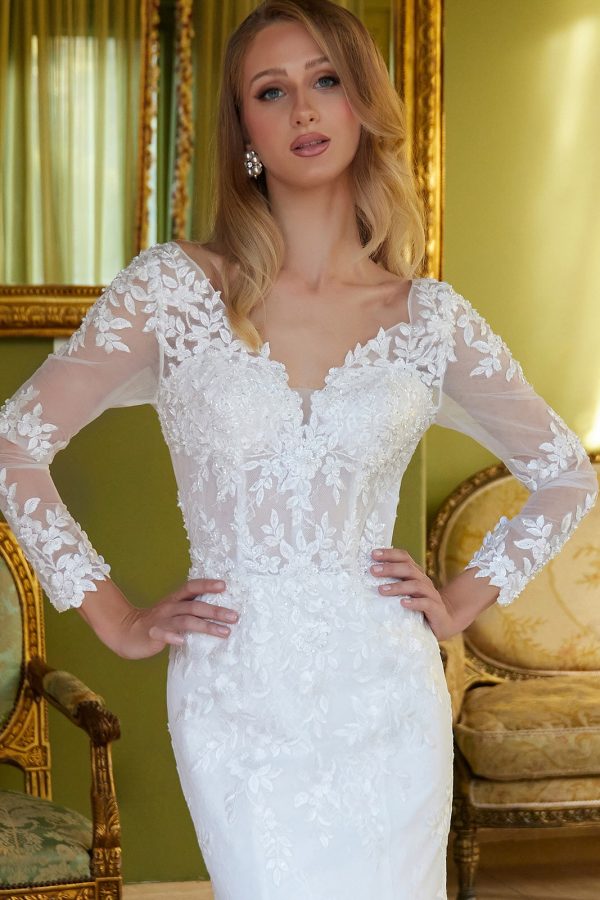 Beads accented embroidered wedding dress with mesh cape GLGL3605 - Image 5
