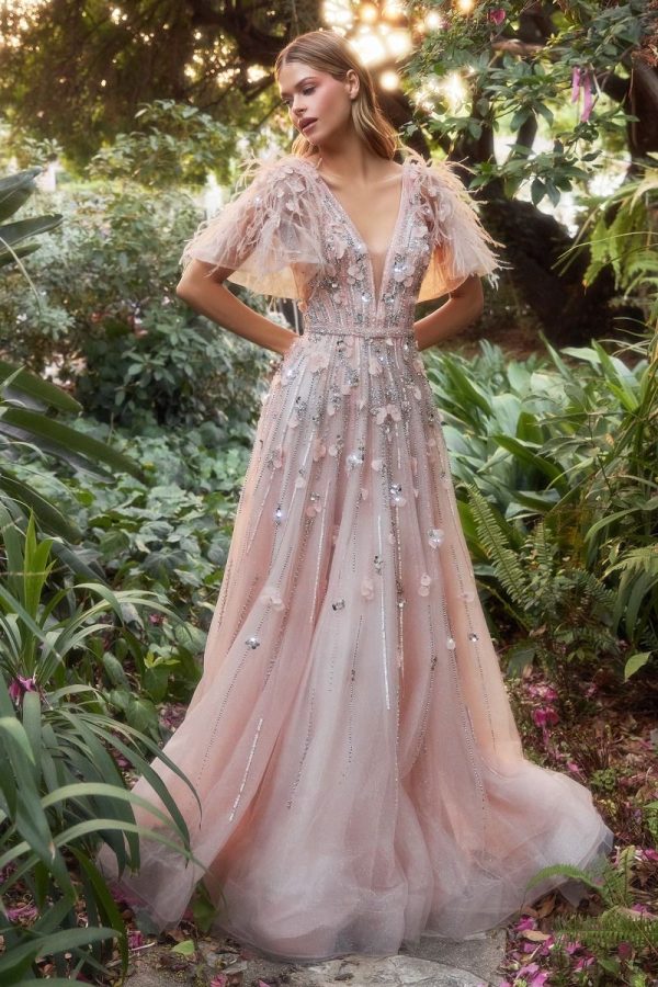 Petal Embellished Ruffle sleeve Vintage Feather and Sequin Prom & Bridesmaid Dress CDA1176 - Image 3