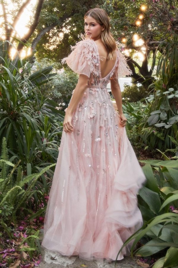 Petal Embellished Ruffle sleeve Vintage Feather and Sequin Prom & Bridesmaid Dress CDA1176 - Image 2