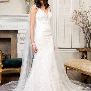 Embroidered V-Neck Mermaid Wedding Gown w/ Detachable Cape - Mask Not Included