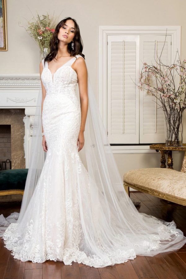 Embroidered V-Neck Mermaid Wedding Gown w/ Detachable Cape - Mask Not Included - Image 3
