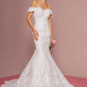 Cut-Away Shoulder Embroidered Mesh Mermaid Wedding Dress GLGL2594