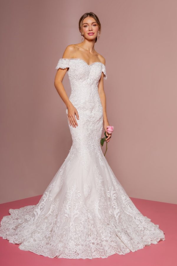 Cut-Away Shoulder Embroidered Mesh Mermaid Wedding Dress GLGL2594 - Image 12