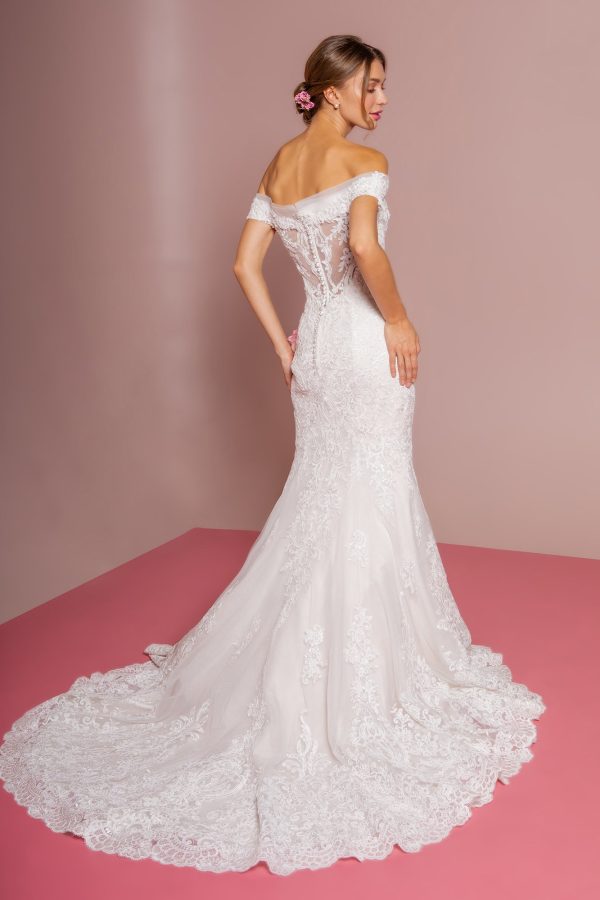 Cut-Away Shoulder Embroidered Mesh Mermaid Wedding Dress GLGL2594 - Image 2