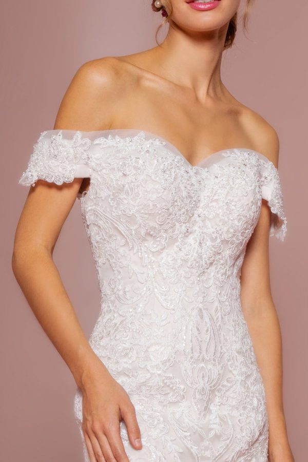 Cut-Away Shoulder Embroidered Mesh Mermaid Wedding Dress GLGL2594 - Image 3