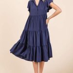Mittoshop Ruffle Sleeve Collared V Neck Tiered Midi Dress