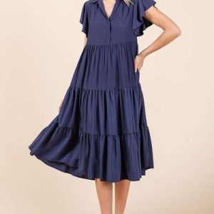 Mittoshop Ruffle Sleeve Collared V Neck Tiered Midi Dress