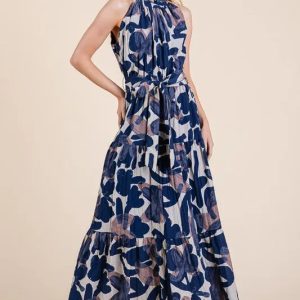 Lime 'N' Chili Abstract Halter Neck Tie-Waist Tiered Maxi Dress