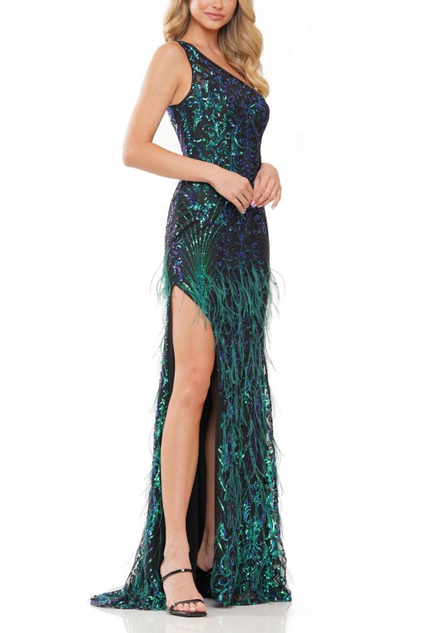 Colors Dress One Shoulder Feather Front Slit Gown - Image 2