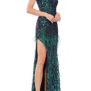 Colors Dress One Shoulder Feather Front Slit Gown