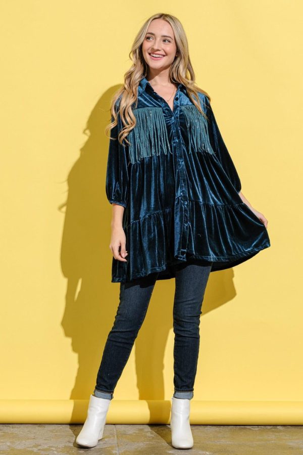 And The Why Fringe Detailed Velvet Shirt Dress - Image 5