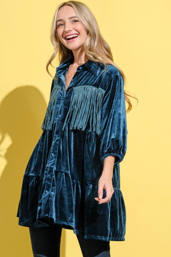 And The Why Fringe Detailed Velvet Shirt Dress - Image 3