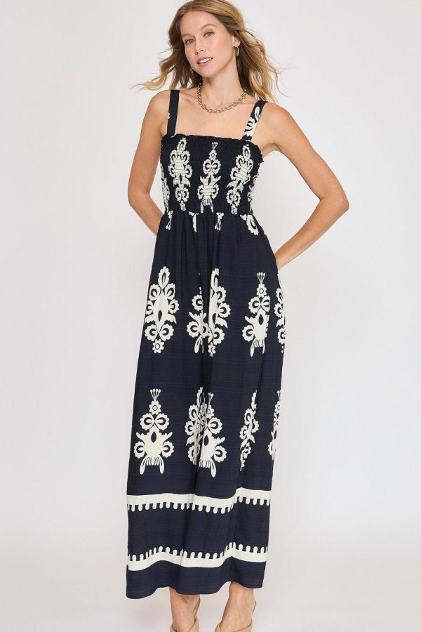 Umgee Full Size Smocked Printed Wide Leg Jumpsuit Plus Size - Image 5