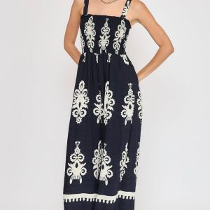 Umgee Full Size Smocked Printed Wide Leg Jumpsuit Plus Size