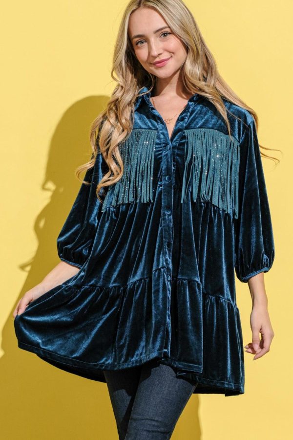And The Why Fringe Detailed Velvet Shirt Dress - Image 6