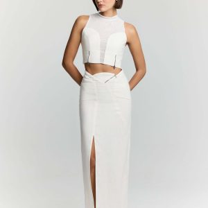 JENDUE Serena Denim Linen Skirt - White | Shop Maxi Skirts