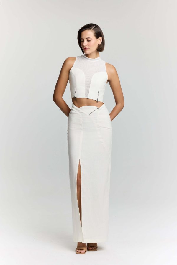 JENDUE Serena Denim Linen Skirt - White | Shop Maxi Skirts