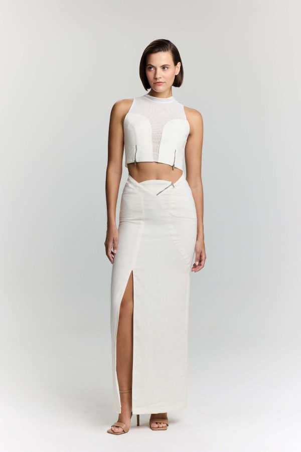 JENDUE Serena Denim Linen Skirt - White | Shop Maxi Skirts - Image 3