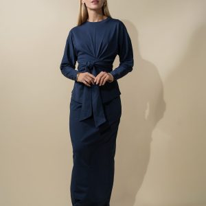 Straight Maxi Drawstring T-Shirt Skirt-Navy