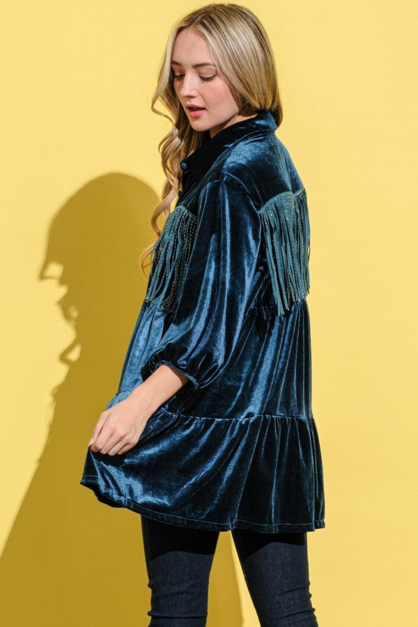 And The Why Fringe Detailed Velvet Shirt Dress - Image 2