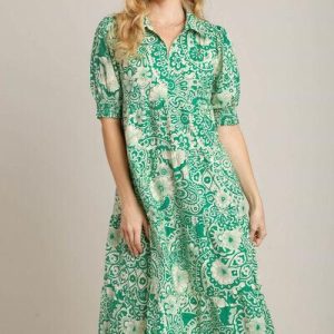 Umgee Full Size Printed Smocked Cuff Puff Sleeve Midi Dress Plus Size
