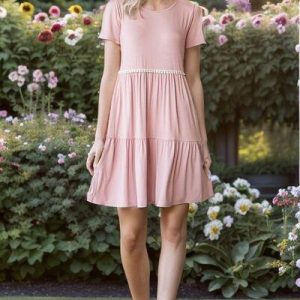 Heimish Full Size Solid Mini Tiered Dress with Pompom Lace Plus Size