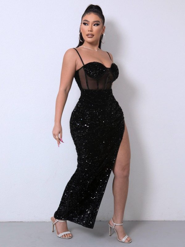 Sequin Spliced Mesh Adjustable Strap Dress - Image 3