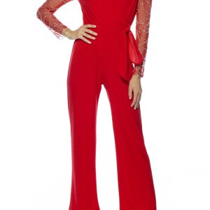 Elastic tie waist jumpsuit: Adjustable V‑Neck Statement Suit