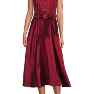 sleeveless A‑line midi dress: Stretch Taffeta & Waist‑Tie