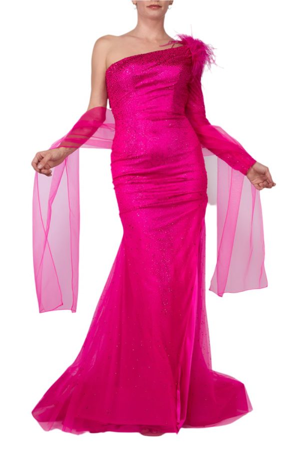 One Shoulder Mesh Feathered Mermaid Gown – Wholesale Sale - Image 3
