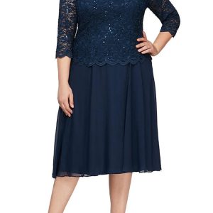 Alex Evenings Crew Neck: Lace Bodice & Flowy Chiffon Dress