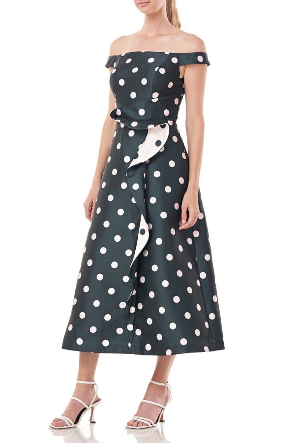 off-shoulder neckline Teal Ruffle Skirt with Polka-Dots