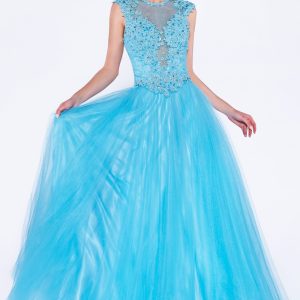 A-line dress: Beaded Lace, Asymmetric Back, Baby Blue Glow