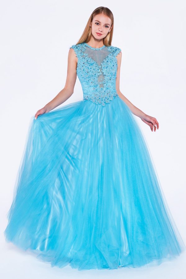 A-line dress: Beaded Lace, Asymmetric Back, Baby Blue Glow