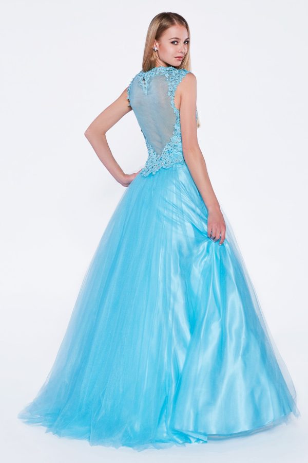 A-line dress: Beaded Lace, Asymmetric Back, Baby Blue Glow - Image 2