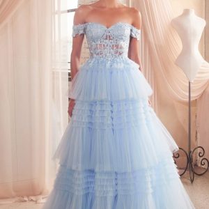 Pleated Tulle Ball Gown – Layered Pleats & Off‑Shoulder Glam